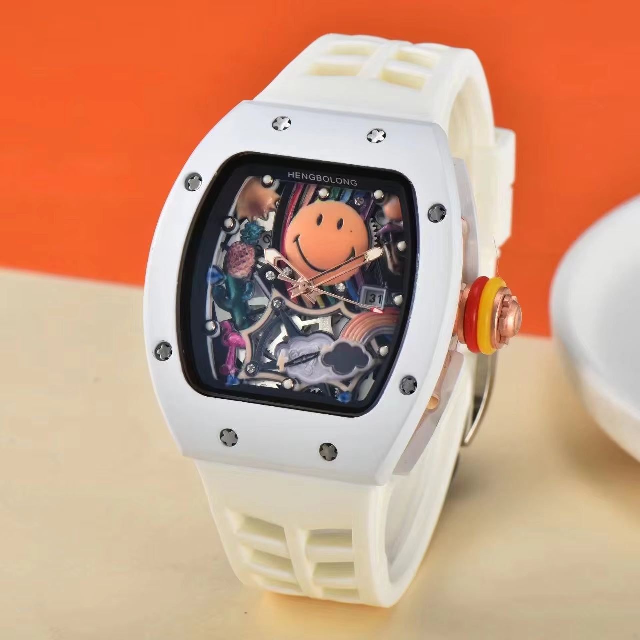 Richard Mille Inspired Smiley Edition – Colorful Skeleton Dial Luxury Watch with Red Strap