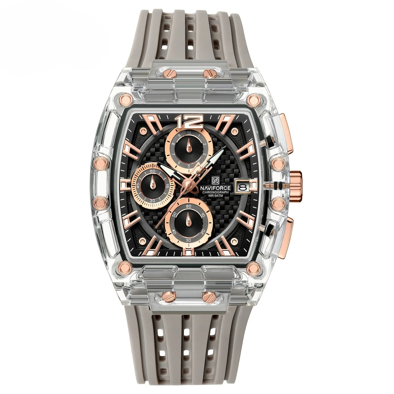 Men's Transparent Chronograph Watch – Rose Gold Accents, Carbon Fiber Dial, Date Display, Silicone Strap, Luxury Quartz Timepiece