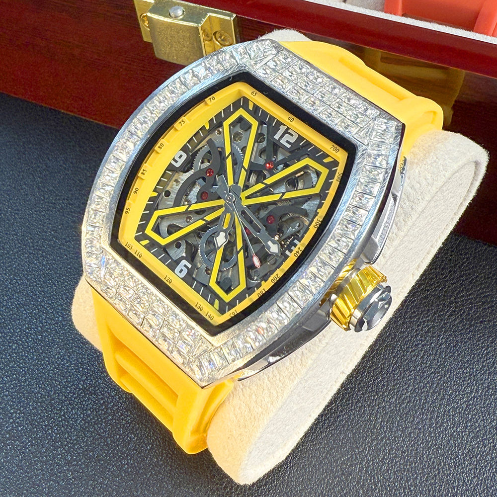 “Luxury Automatic Skeleton Watch with Diamond Bezel and Bold Strap – Inspired by Richard Mille Design”