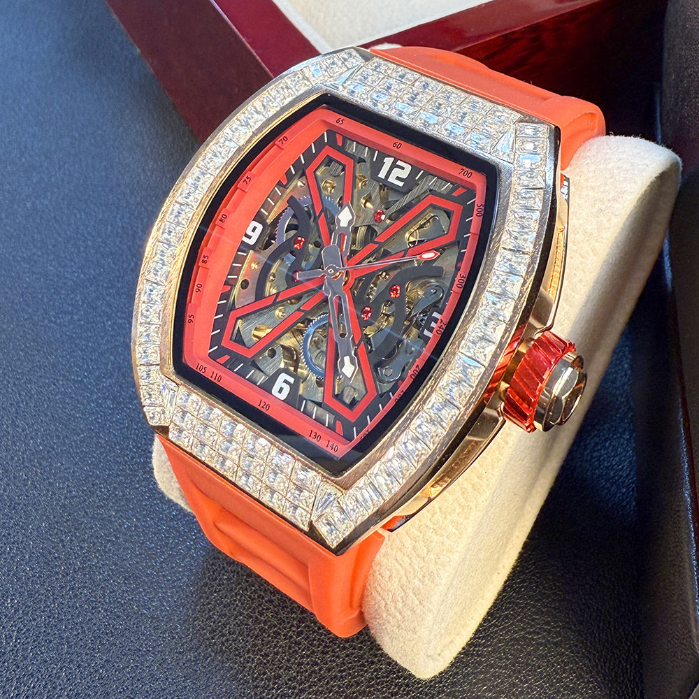 “Luxury Automatic Skeleton Watch with Diamond Bezel and Bold Strap – Inspired by Richard Mille Design”