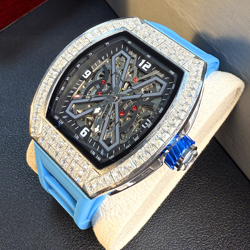 “Luxury Automatic Skeleton Watch with Diamond Bezel and Bold Strap – Inspired by Richard Mille Design”