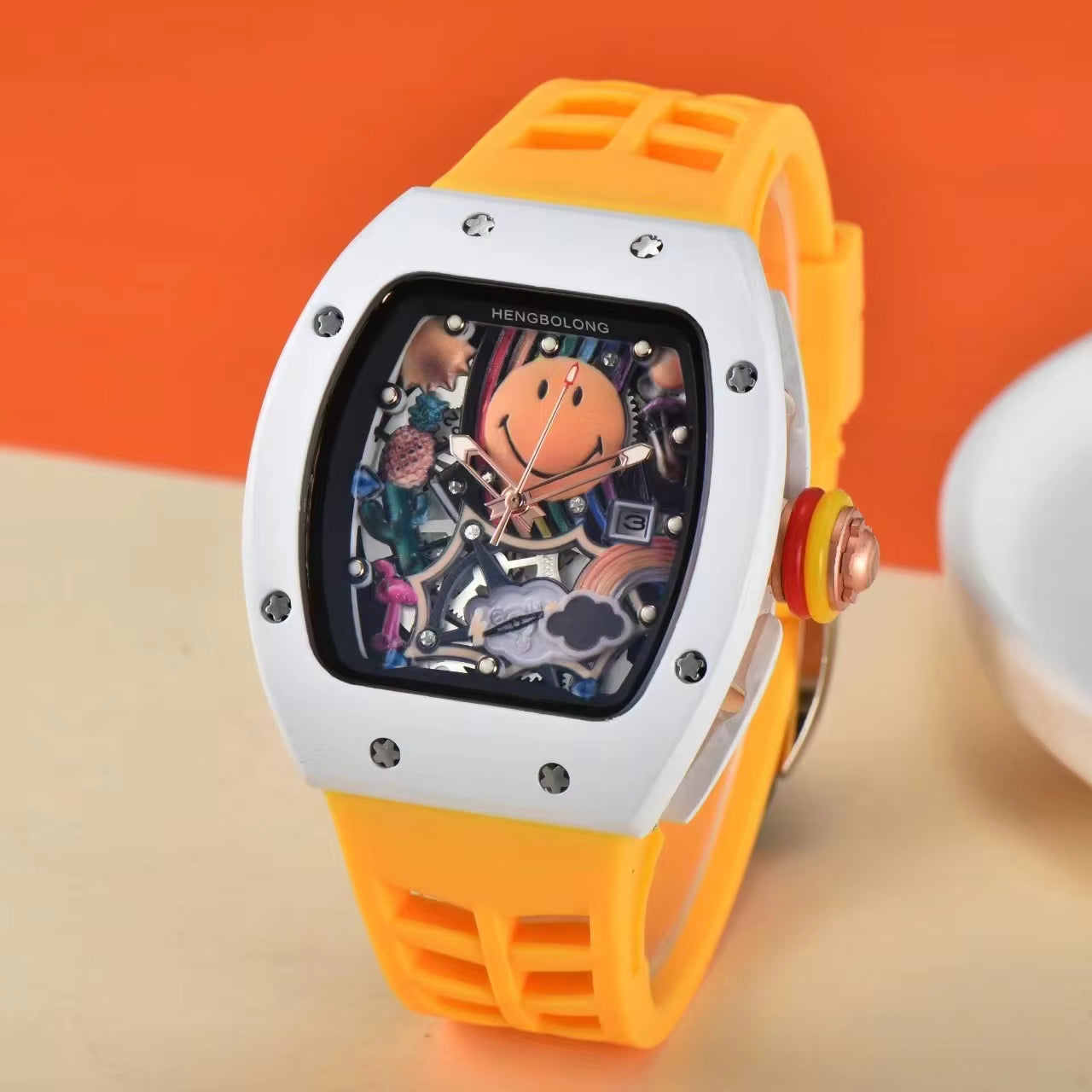 Richard Mille Inspired Smiley Edition – Colorful Skeleton Dial Luxury Watch with Red Strap