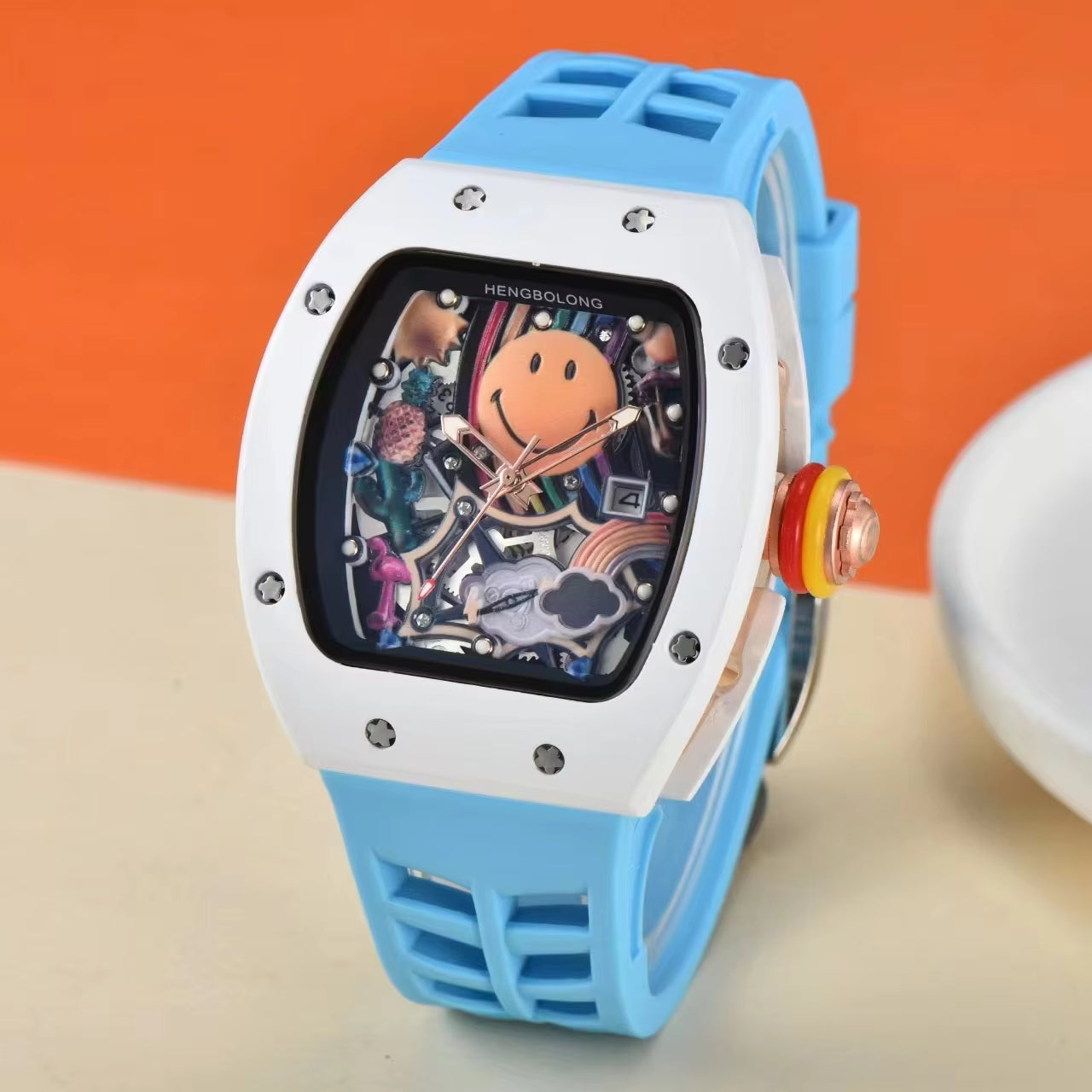 Richard Mille Inspired Smiley Edition – Colorful Skeleton Dial Luxury Watch with Red Strap