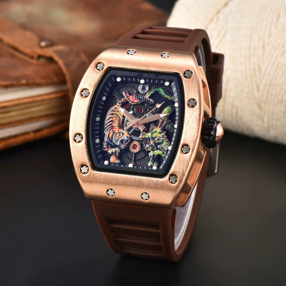 “Richard Mille Luxury Tiger Edition Automatic Watch – Rose Gold Case with Bold Strap”