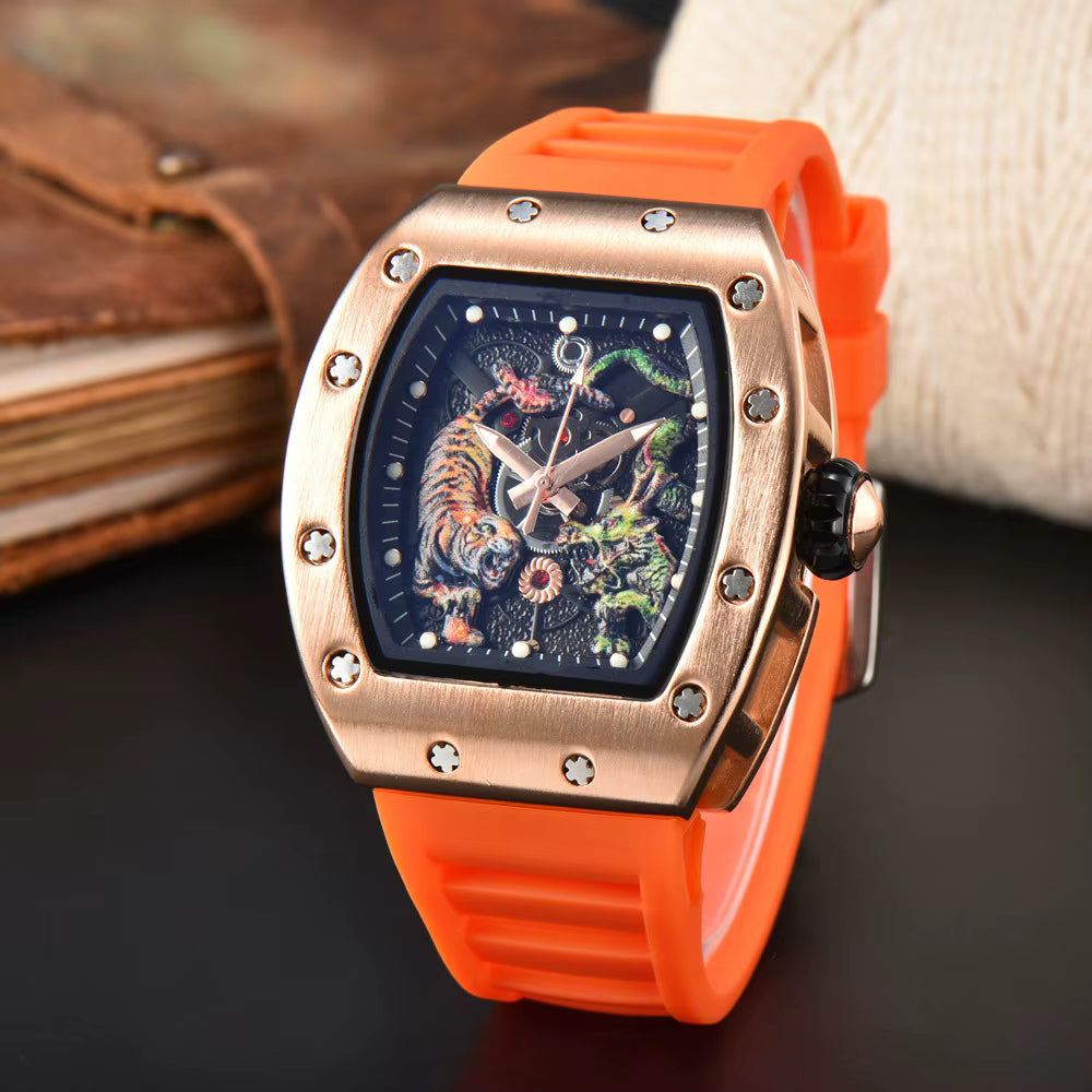 “Richard Mille Luxury Tiger Edition Automatic Watch – Rose Gold Case with Bold Strap”