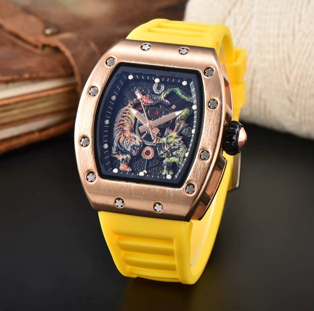 “Richard Mille Luxury Tiger Edition Automatic Watch – Rose Gold Case with Bold Strap”