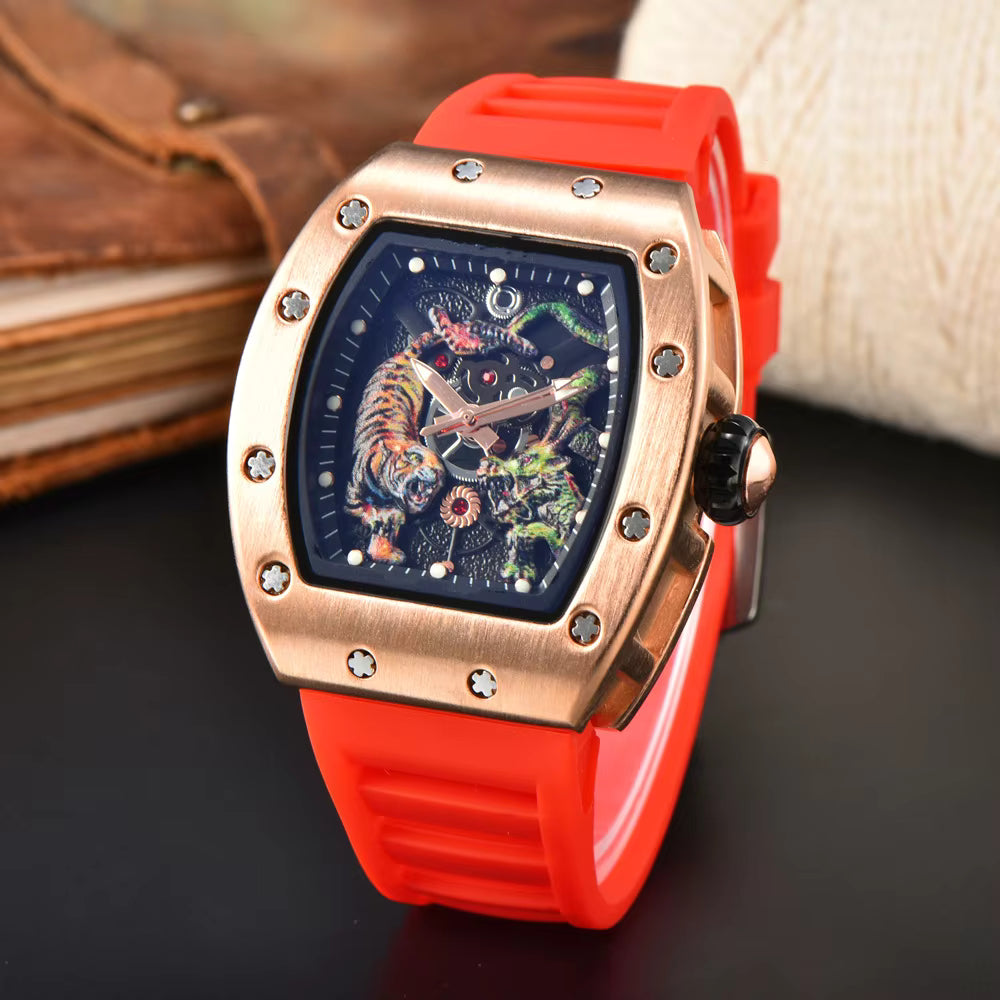 “Richard Mille Luxury Tiger Edition Automatic Watch – Rose Gold Case with Bold Strap”