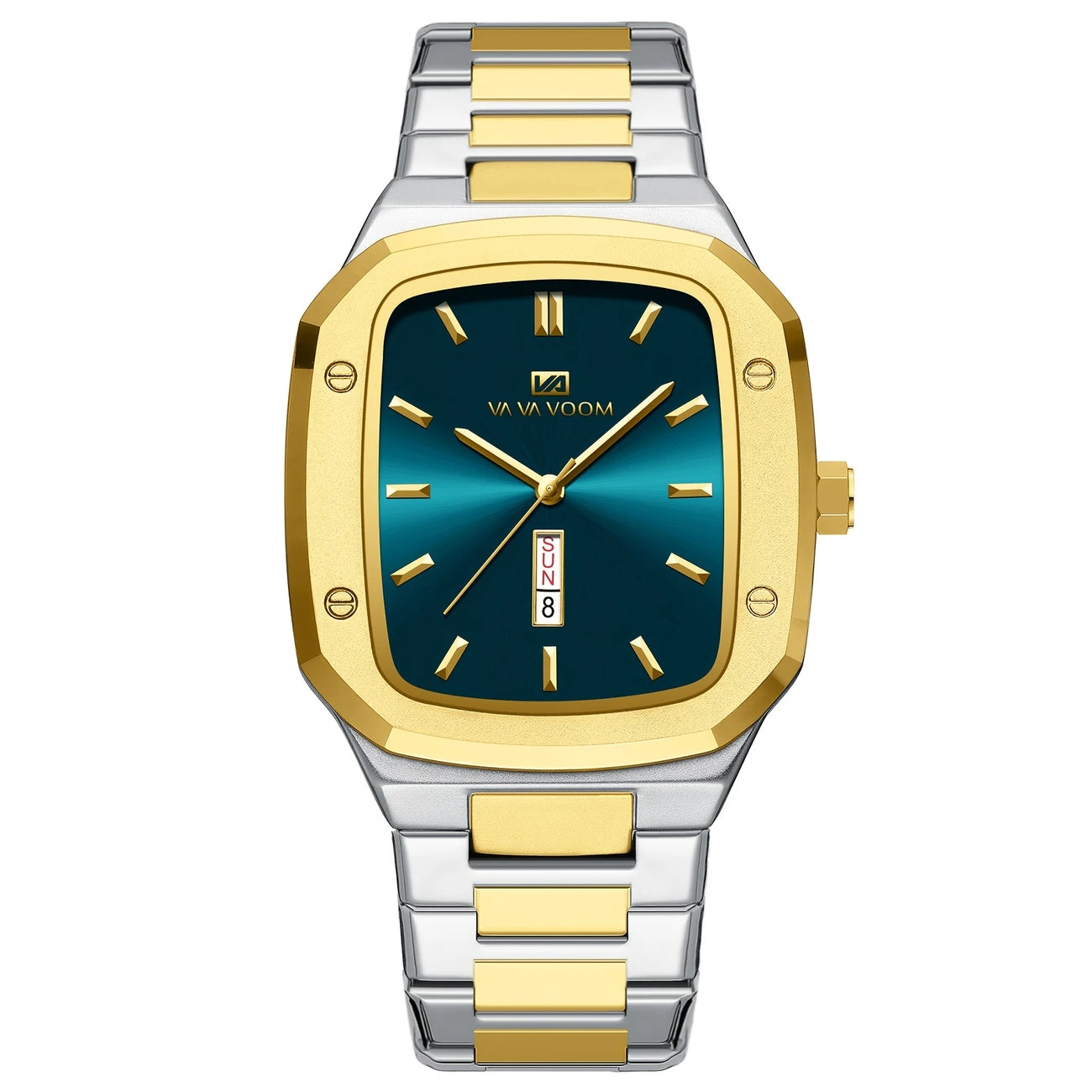 Men's Luxury Rectangular Dial Watch – Day & Date Display, Stainless Steel Strap, Quartz Movement