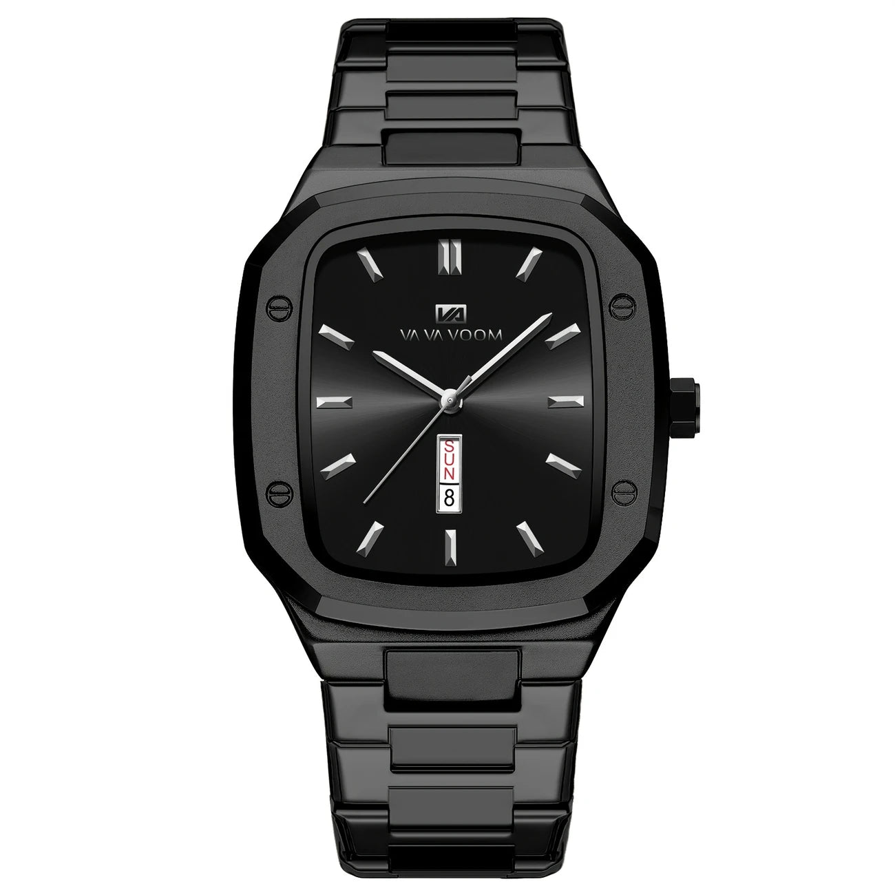 Men's Luxury Rectangular Dial Watch – Day & Date Display, Stainless Steel Strap, Quartz Movement