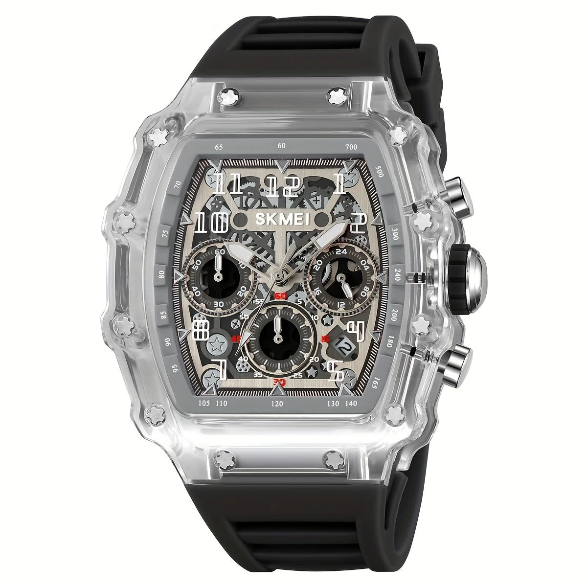 Men's Transparent Chronograph Sports Watch – Skeleton Dial, Multi-Function Subdials, Bold Silicone Strap