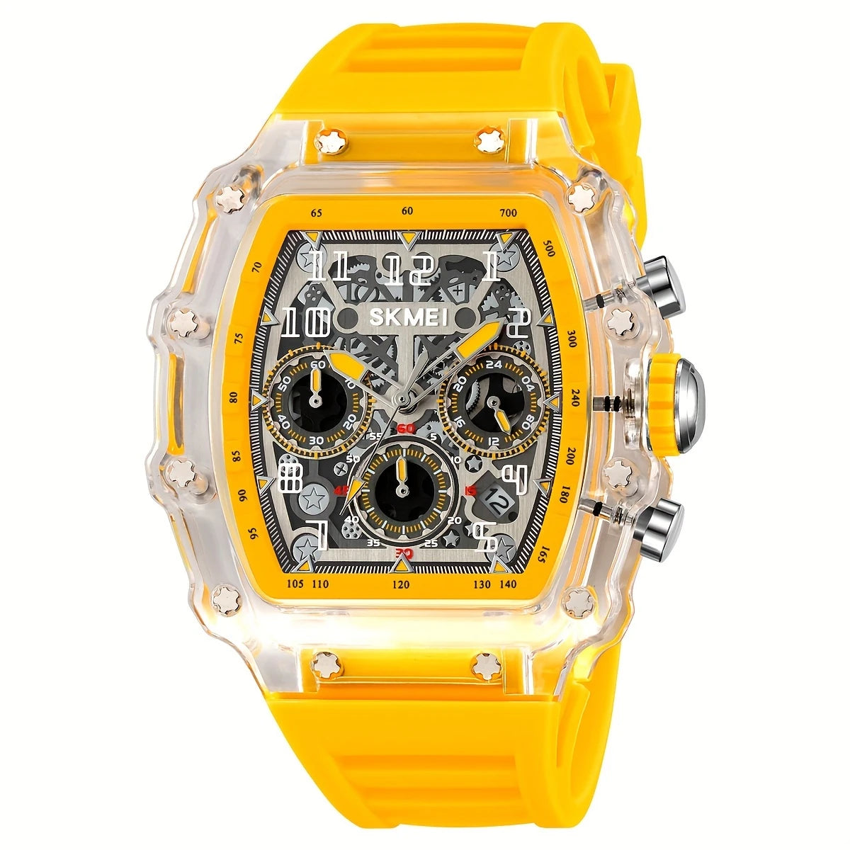 Men's Transparent Chronograph Sports Watch – Skeleton Dial, Multi-Function Subdials, Bold Silicone Strap