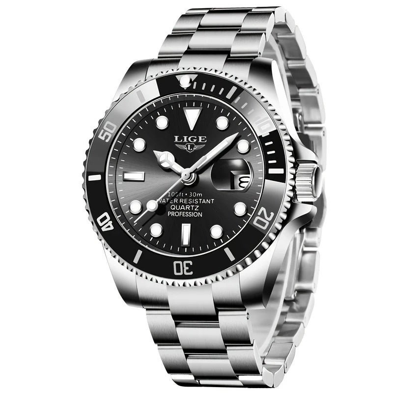 Men's Luxury Dive-Style Watch – Stainless Steel Strap, Rotating Bezel, Date Display