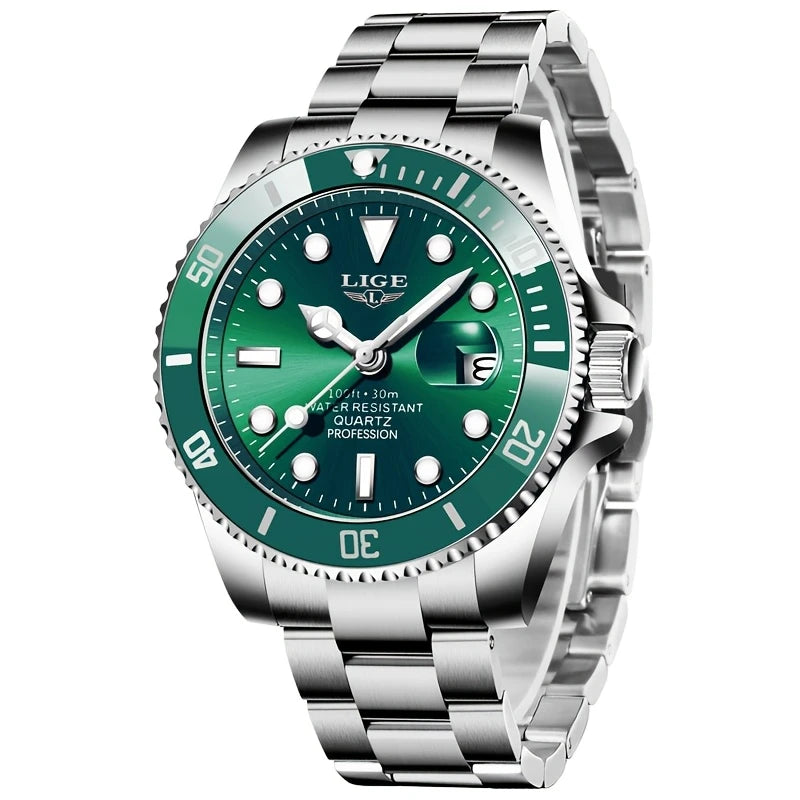 Men's Luxury Dive-Style Watch – Stainless Steel Strap, Rotating Bezel, Date Display