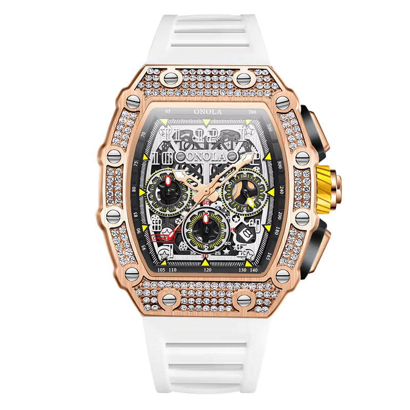 Rose Gold Luxury Watch with Skeleton Movement and Sport Strap