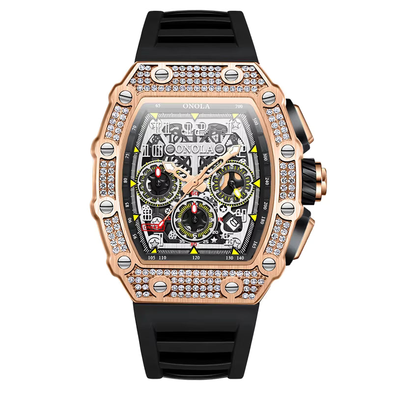 Rose Gold Luxury Watch with Skeleton Movement and Sport Strap