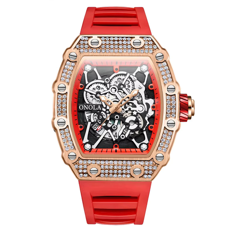 Bold Rose Gold Skeleton Watch with Sport-Inspired Rubber Band