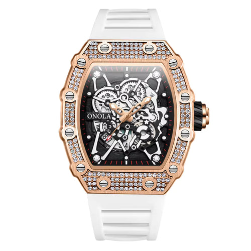 Bold Rose Gold Skeleton Watch with Sport-Inspired Rubber Band