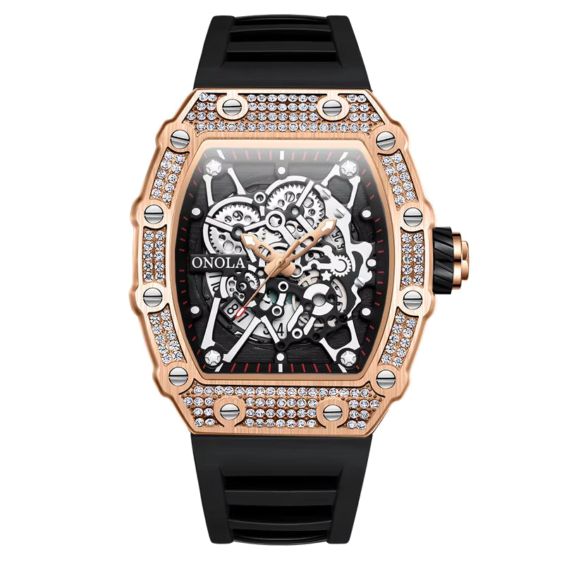 Bold Rose Gold Skeleton Watch with Sport-Inspired Rubber Band