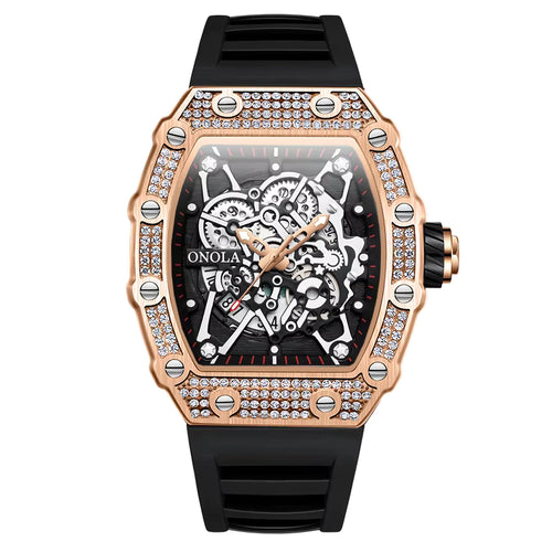 Bold Rose Gold Skeleton Watch with Sport-Inspired Rubber Band