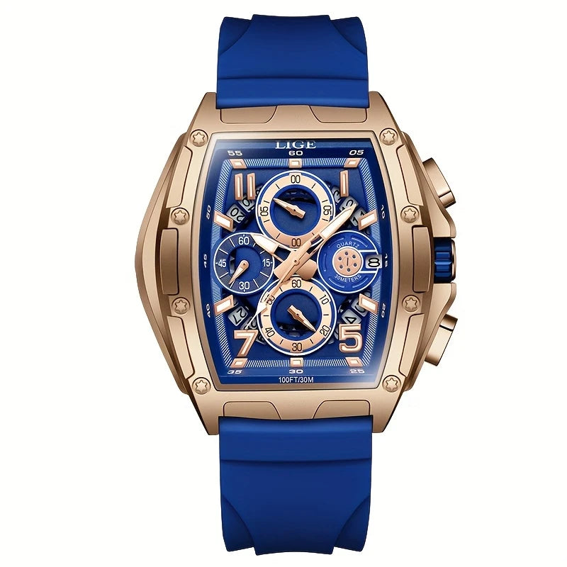 Men's Luxury Chronograph Watch – Rose Gold Tonneau Case, Silicone Strap, 100M Waterproof