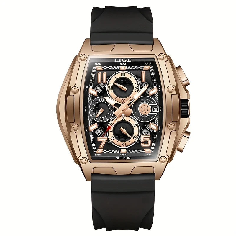 Men's Luxury Chronograph Watch – Rose Gold Tonneau Case, Silicone Strap, 100M Waterproof
