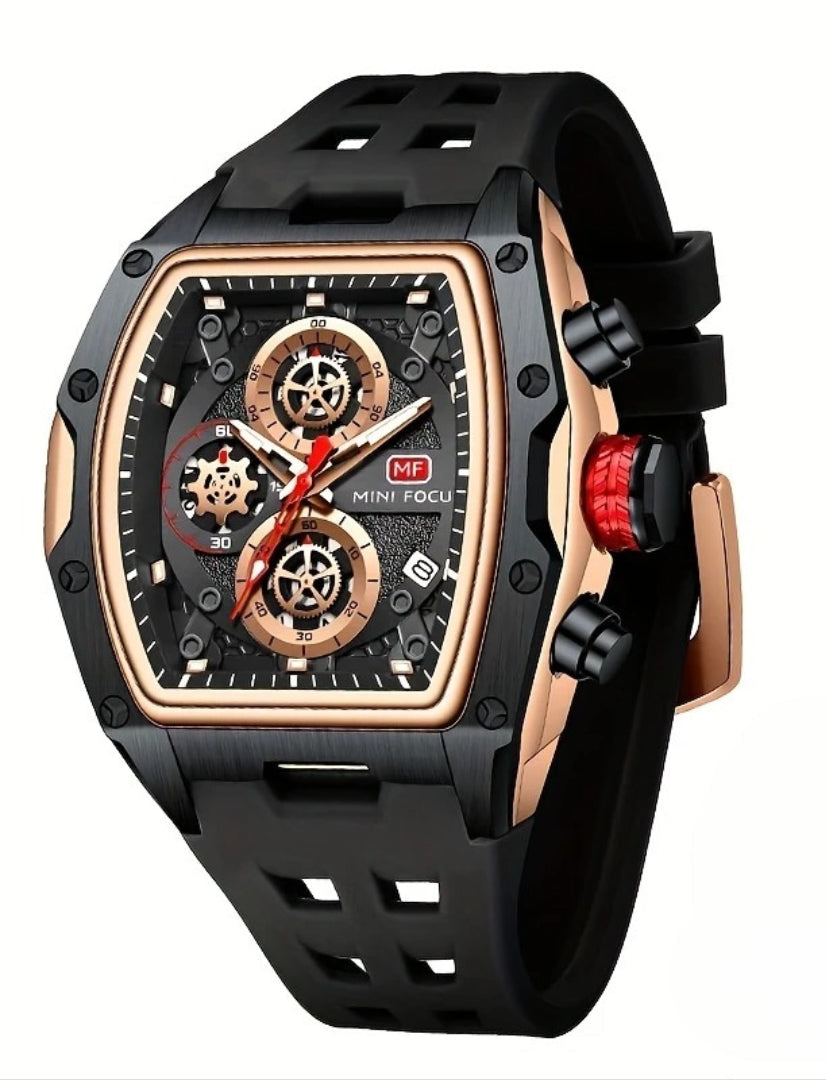 Men's Luxury Sport Chronograph Watch - MINI FOCUS Skeleton Dial, Red Silicone Strap, Waterproof Quartz Wristwatch