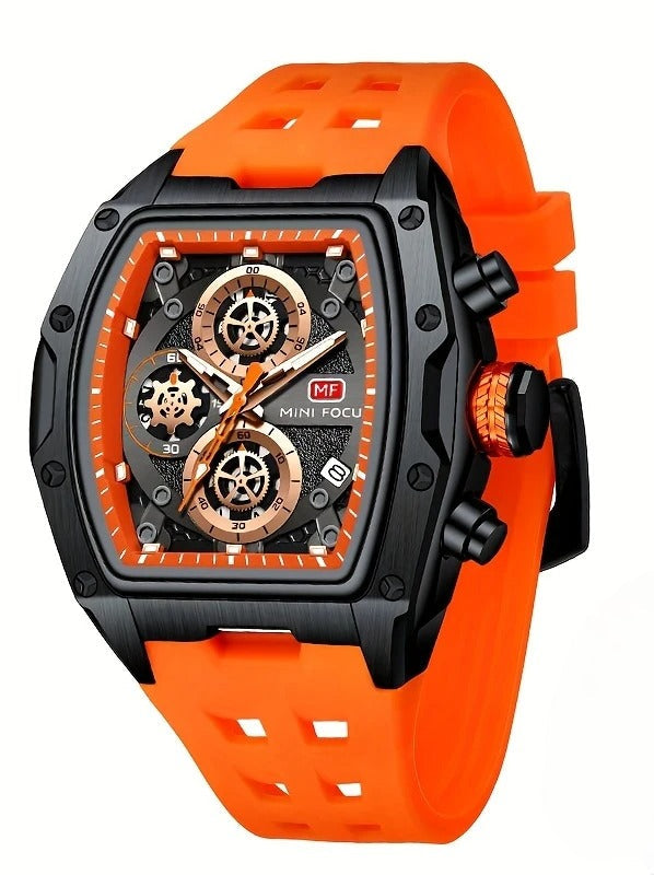 Men's Luxury Sport Chronograph Watch - MINI FOCUS Skeleton Dial, Red Silicone Strap, Waterproof Quartz Wristwatch