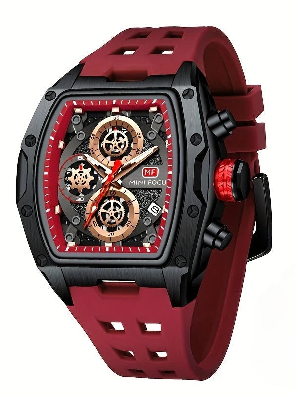 Men's Luxury Sport Chronograph Watch - MINI FOCUS Skeleton Dial, Red Silicone Strap, Waterproof Quartz Wristwatch