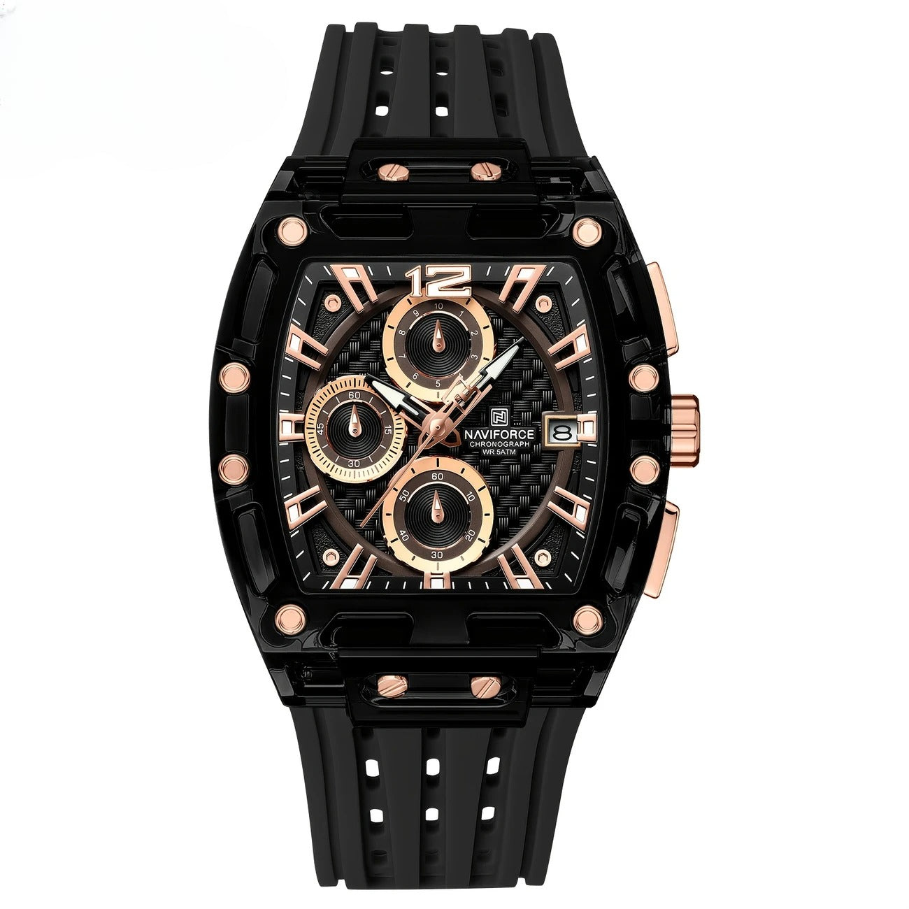 Men's Transparent Chronograph Watch – Rose Gold Accents, Carbon Fiber Dial, Date Display, Silicone Strap, Luxury Quartz Timepiece
