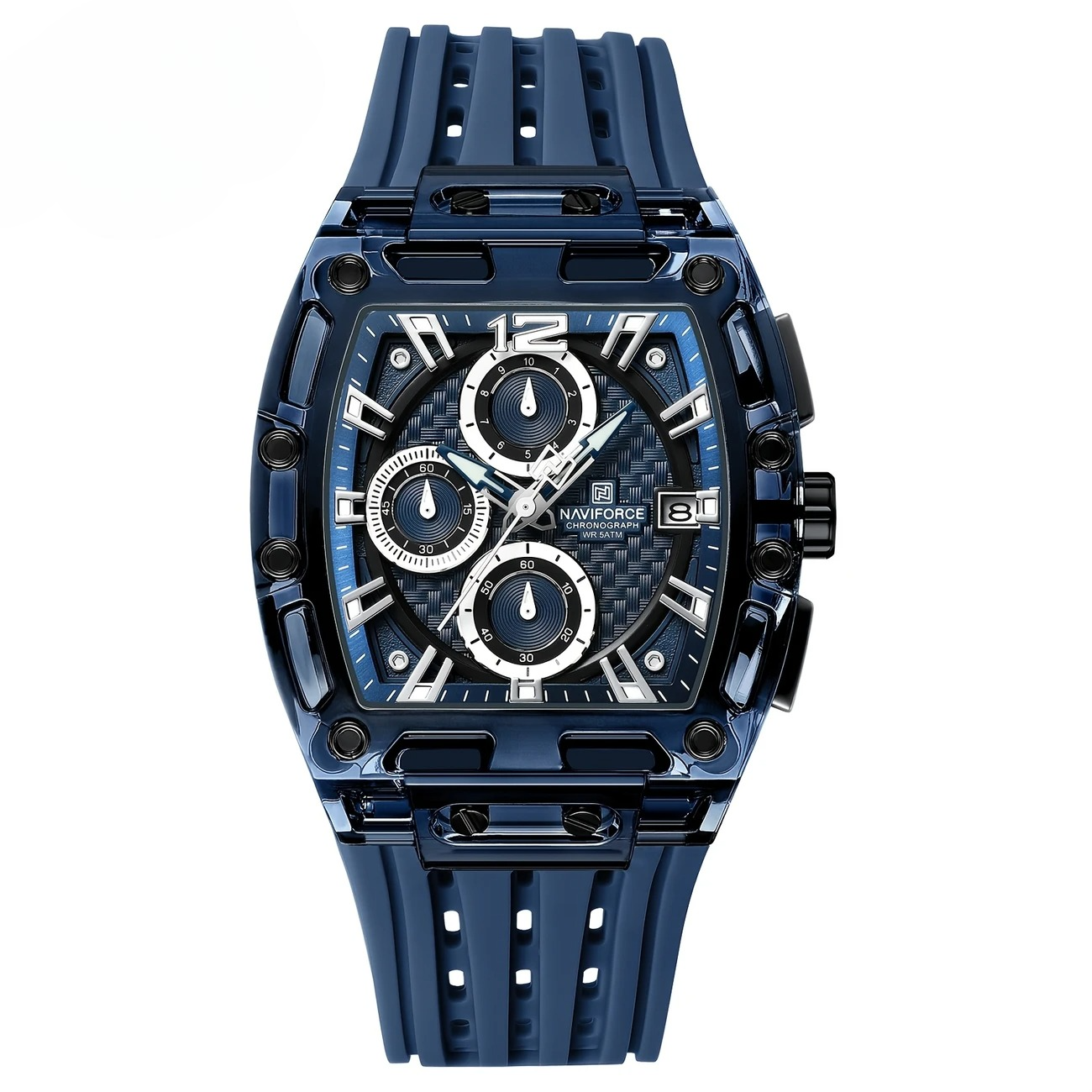 Men's Transparent Chronograph Watch – Rose Gold Accents, Carbon Fiber Dial, Date Display, Silicone Strap, Luxury Quartz Timepiece
