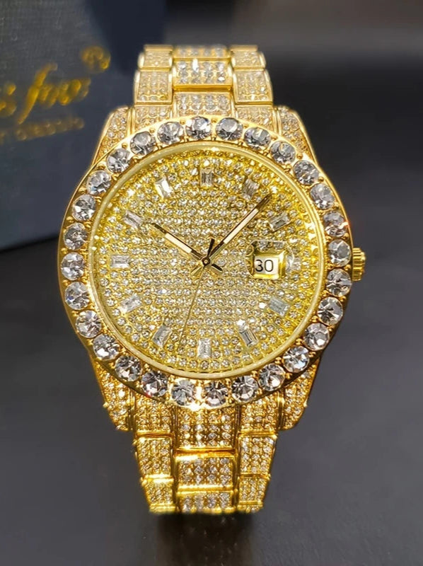 Men’s Full Diamond Gold Watch - Iced Out Chronograph with Date Display